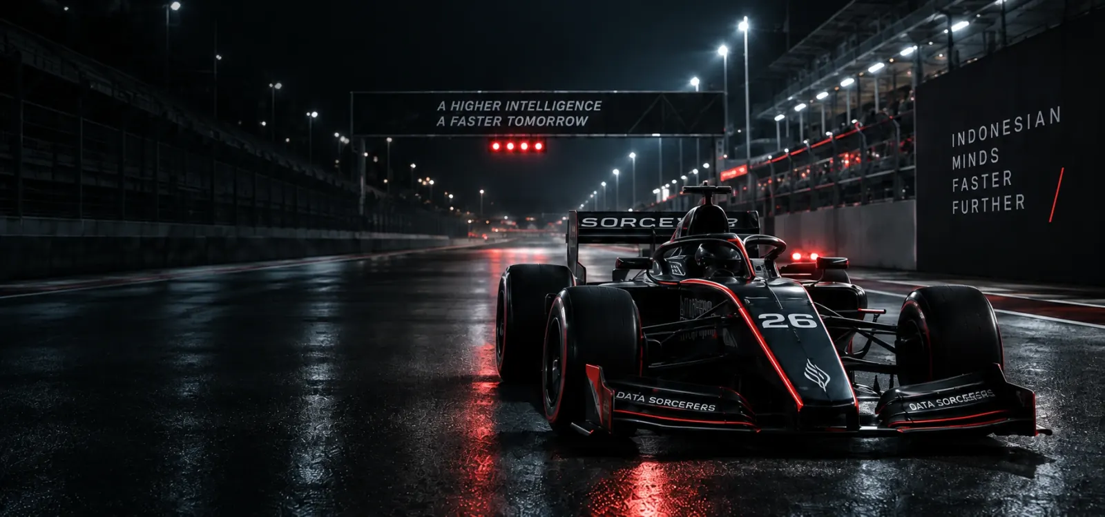 Black and red SARL formula car on a night circuit